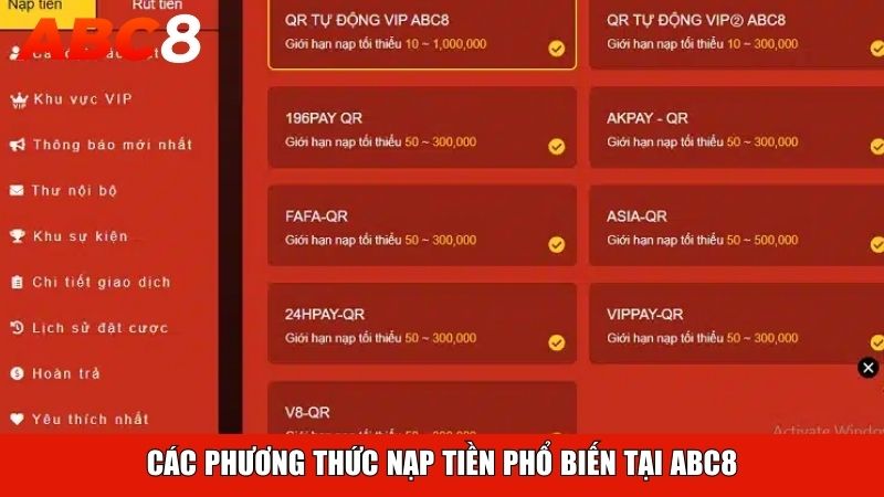 Các phương thức nạp tiền phổ biến tại ABC8